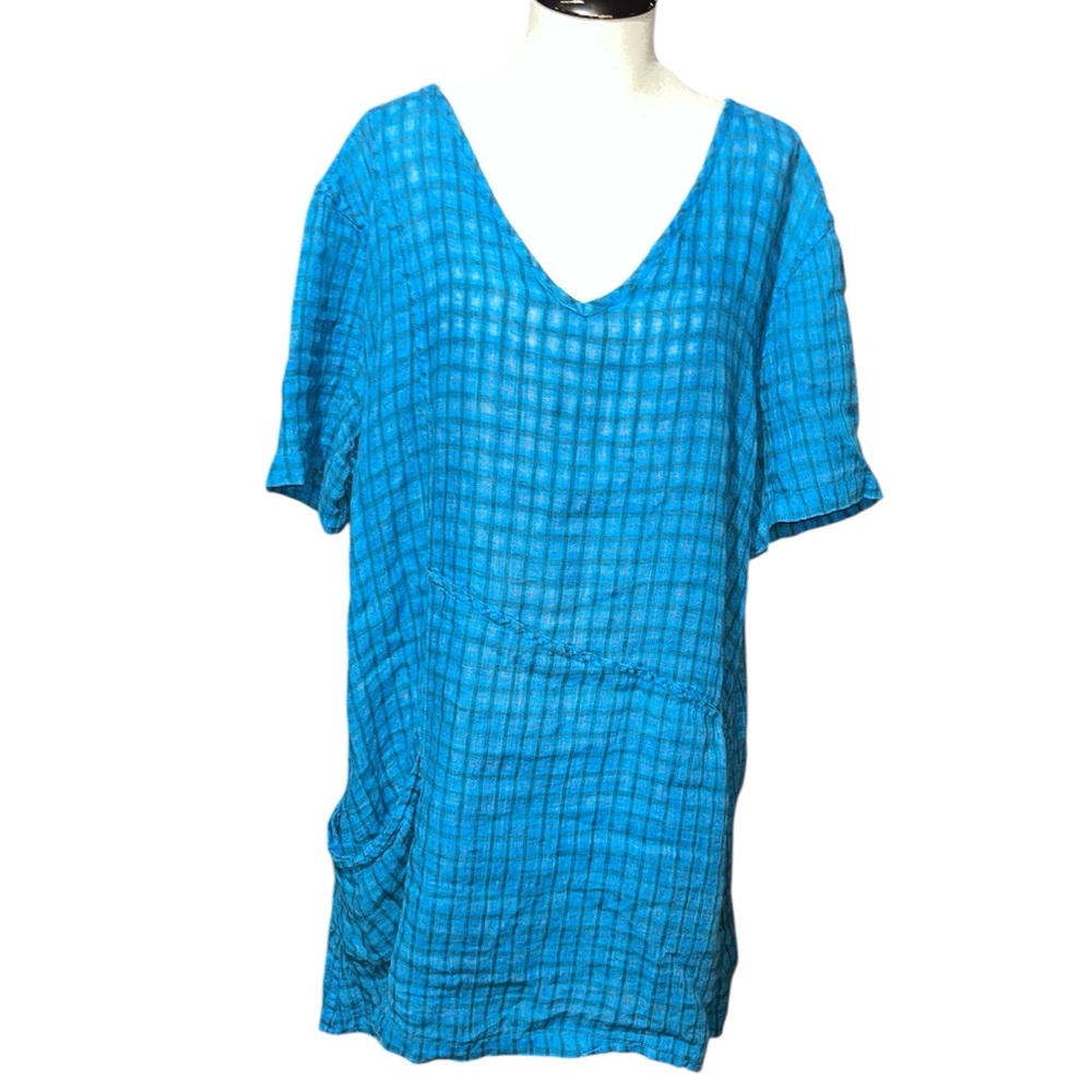 FLAX blue check linen tunic pockets lagenlook medium oversized fall coastal